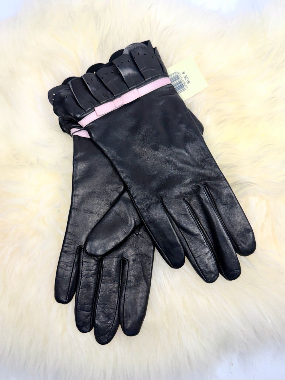 Lord & Taylor Black Leather Gloves Size 8 Pink Trim Bow Scalloped Cuff NWT Vtg